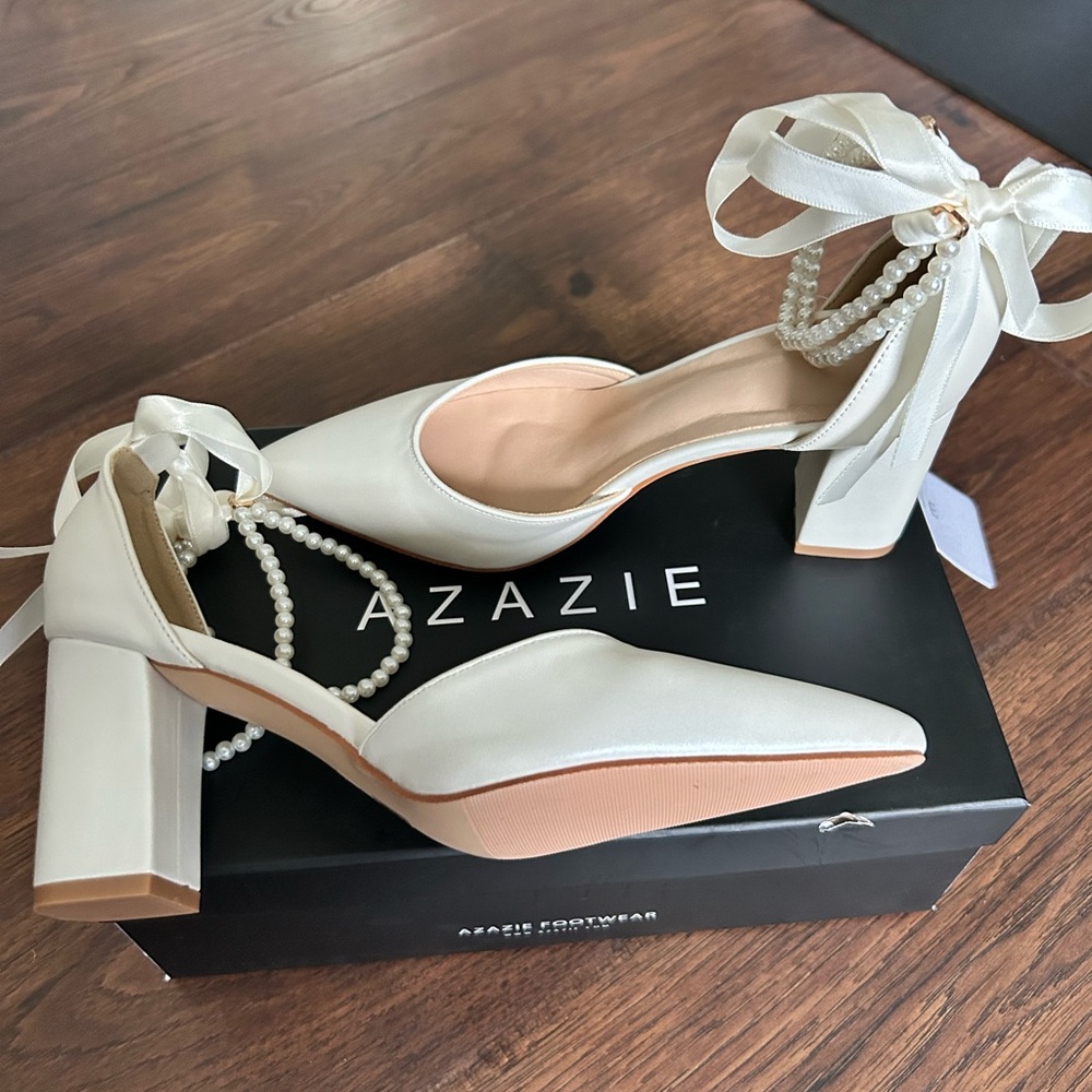 Azazie PEARL BOW ANKLE STRAP PUMPS